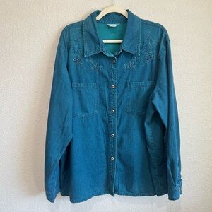 VTG Together Womens 3X Cotton Button Down Embroidered Denim Shirt Blue Boho